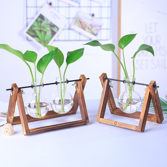 Creative and simple hydroponic green swing wooden frame glass plant vase, Home decoration